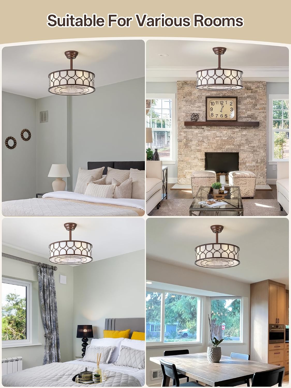 20' Brown Boho Fandelier Ceiling Fan with Lights, Caged Bladeless Ceiling Fan with Light Remote Control, Chandelier with 6 Speeds for Bedroom, Nursery, Living Room