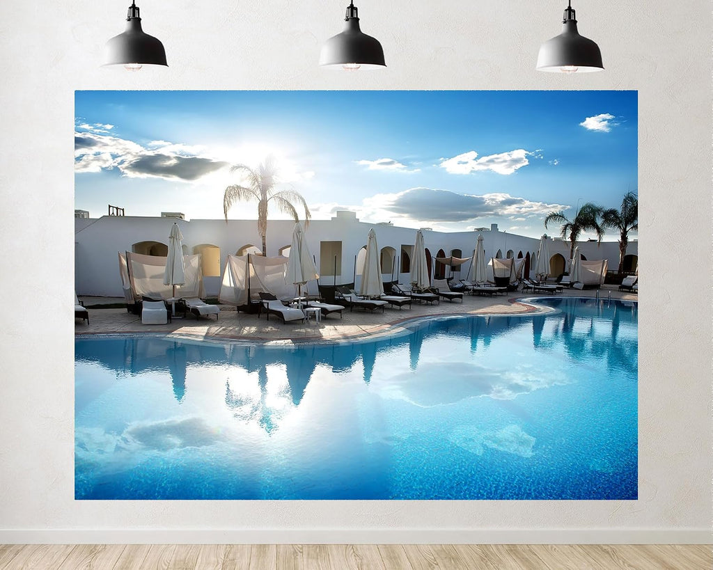 Trykid 20x10ft Tropical Resort Pool Backdrop White Cabanas Palm Trees Clear Blue Sky Photography Background Summer Vacation Luau Party Decoration Photo Booth Prop Fabric