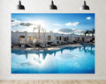 Trykid 20x10ft Tropical Resort Pool Backdrop White Cabanas Palm Trees Clear Blue Sky Photography Background Summer Vacation Luau Party Decoration Photo Booth Prop Fabric