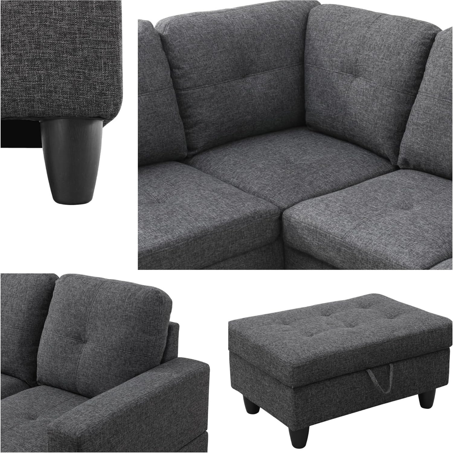 103.5' Sectional Couches for Living Room, Leather 4 Seat L Shaped Couch with Chaise, 3-Piece Modular Sofa with Storage Ottoman, Home Furniture Sets for Apartment Office, Black Grey