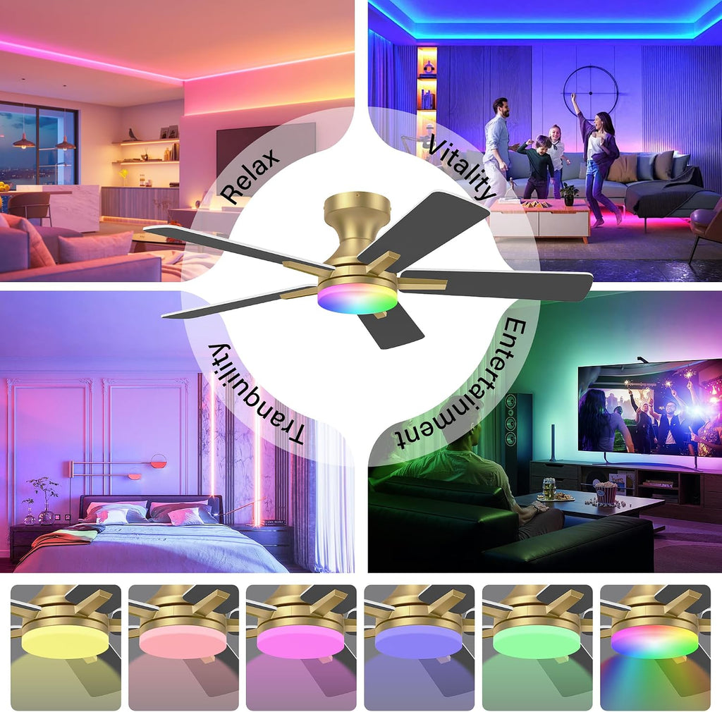 42 Inch Ceiling Fans with lights,RGB Low Profile Ceiling Fan with Light and Remote Control,Modern Flush Mount Ceiling Fans for Bedroom,Patio,Porch,Outdoor Indoor Use,in Black White and Gold,Quiet