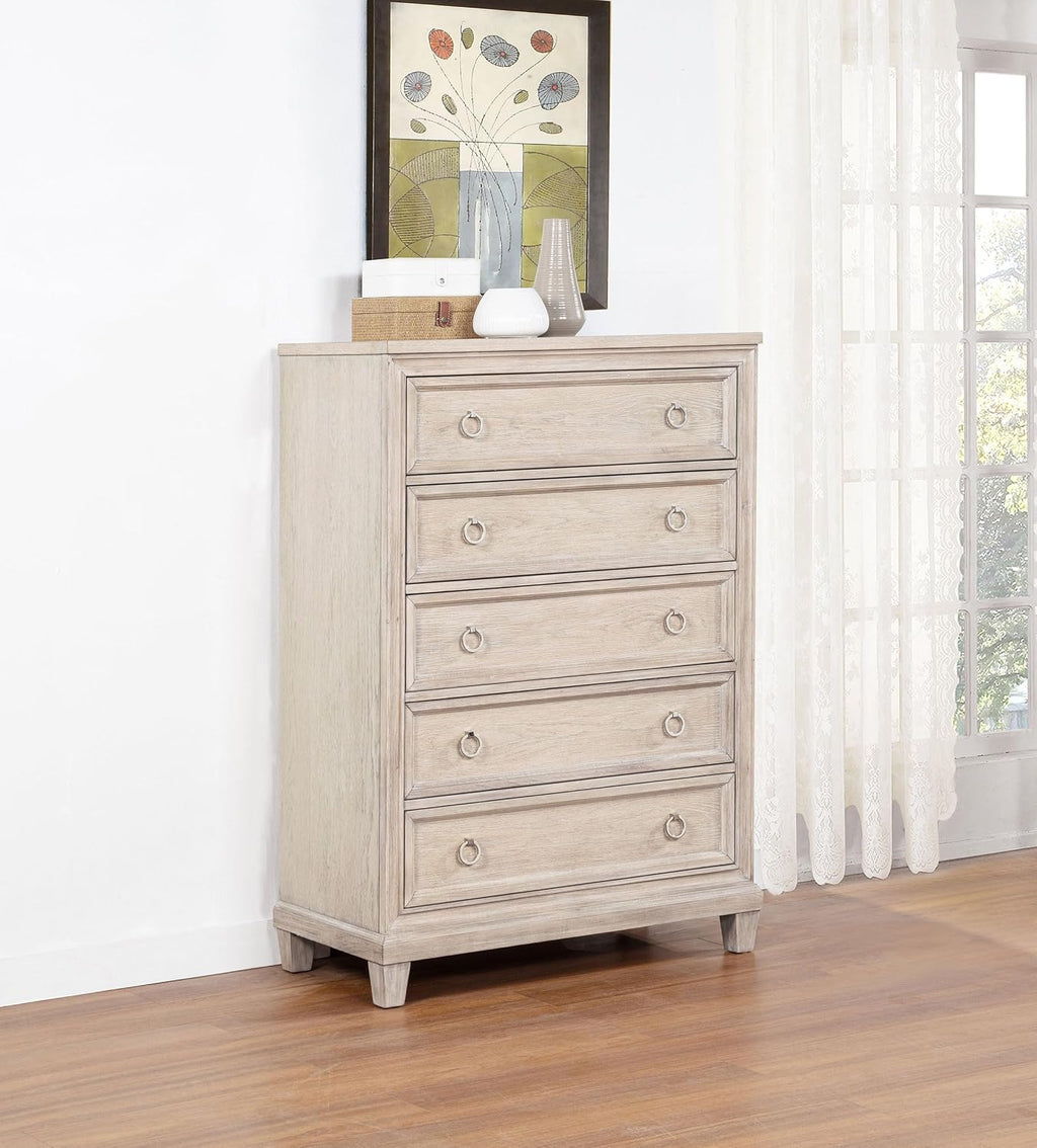 Coaster Home Furnishings - Pembroke - Wood - 5-Drawer Chest of Drawers with Stepped Trim, Ring Pulls, Hidden Storage, Rectangular Profile and Coastal Style - Bedroom - Washed Oak - 215925