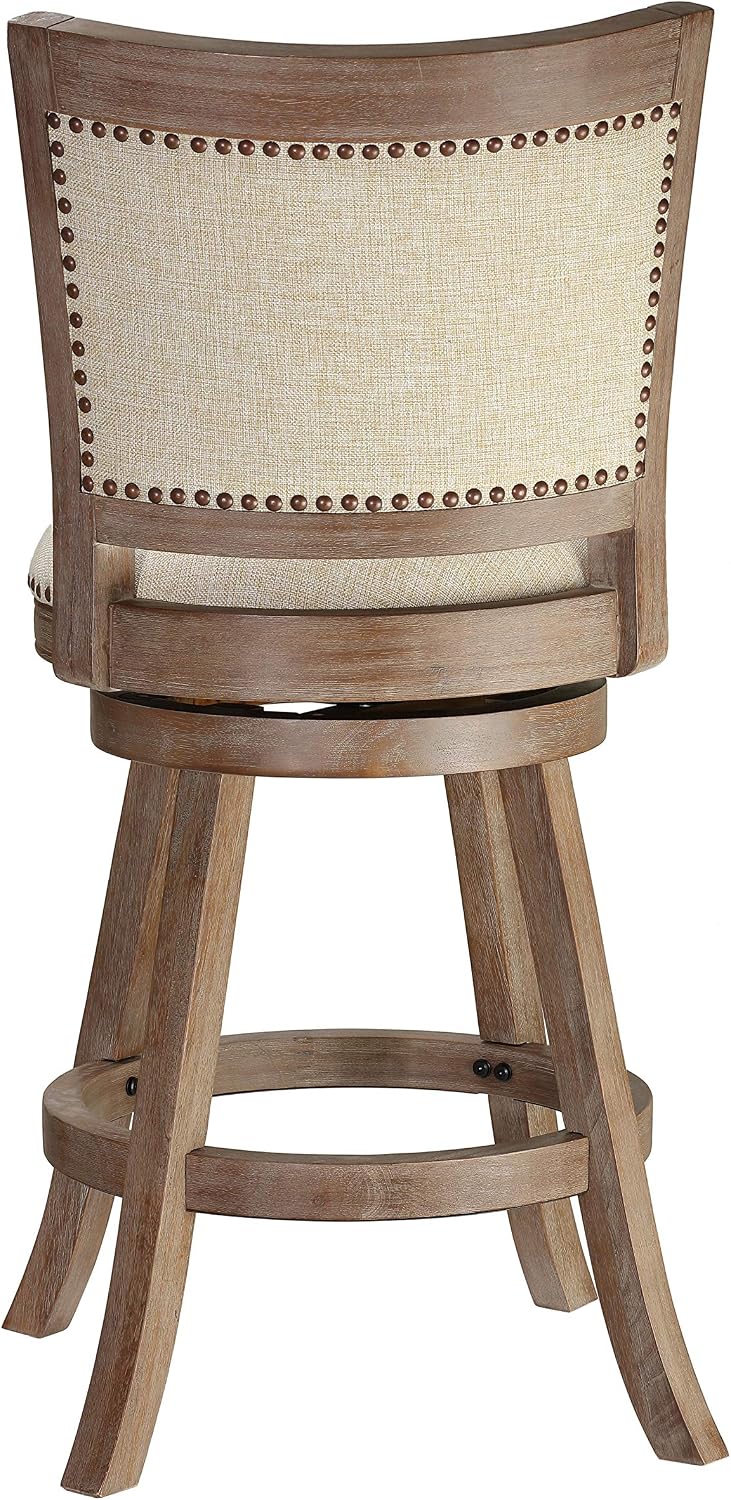 Cortesi Home Marko Stool in Beige Fabric Swivel Seat with Back, 24' Counter Height, Driftwood
