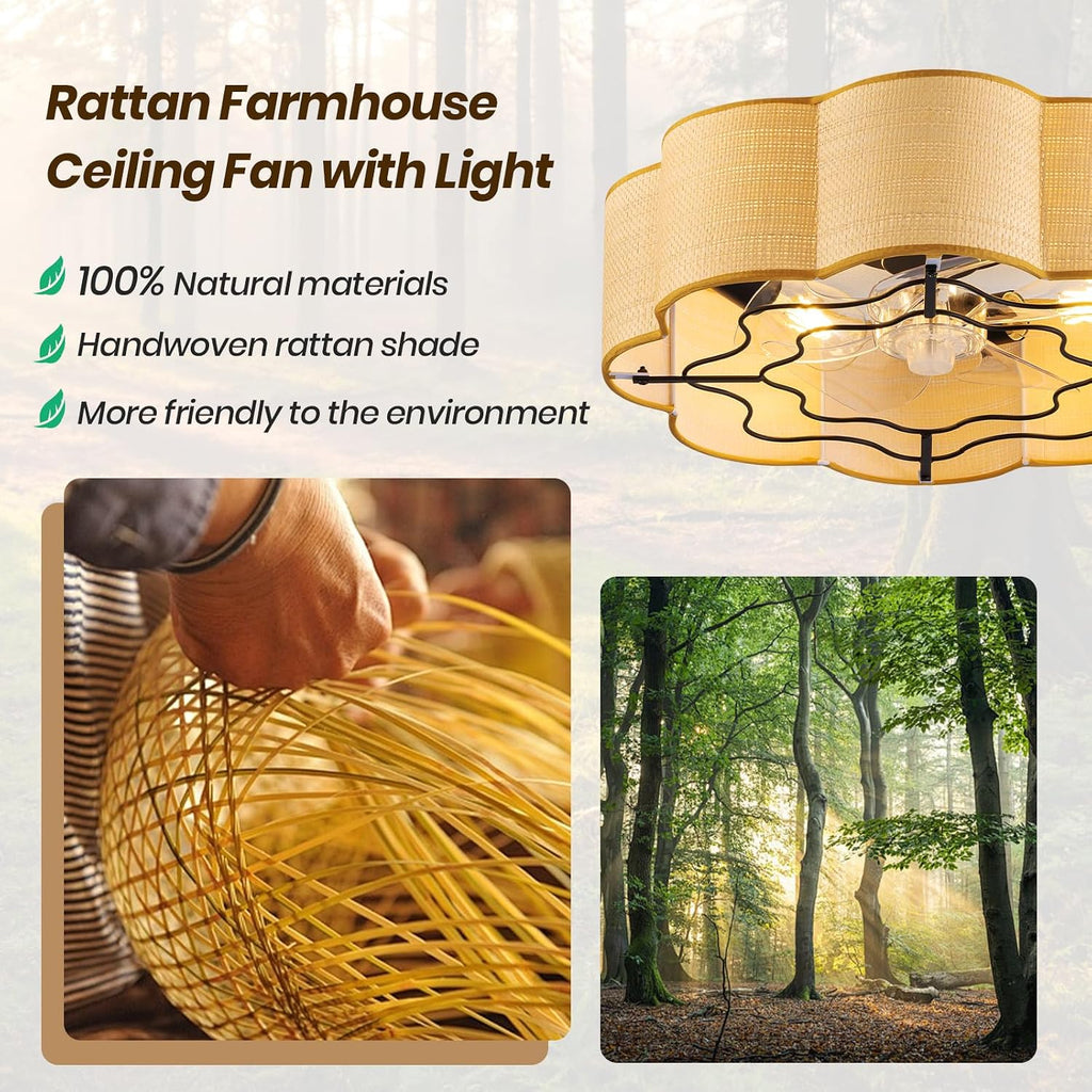 Boho Caged Ceiling Fans with Lights Flush Mount, Rattan Fandelier Chandelier Ceiling Fan with Light with Remote and 6-Speed Motor for Bedroom, Nursery, Living Room