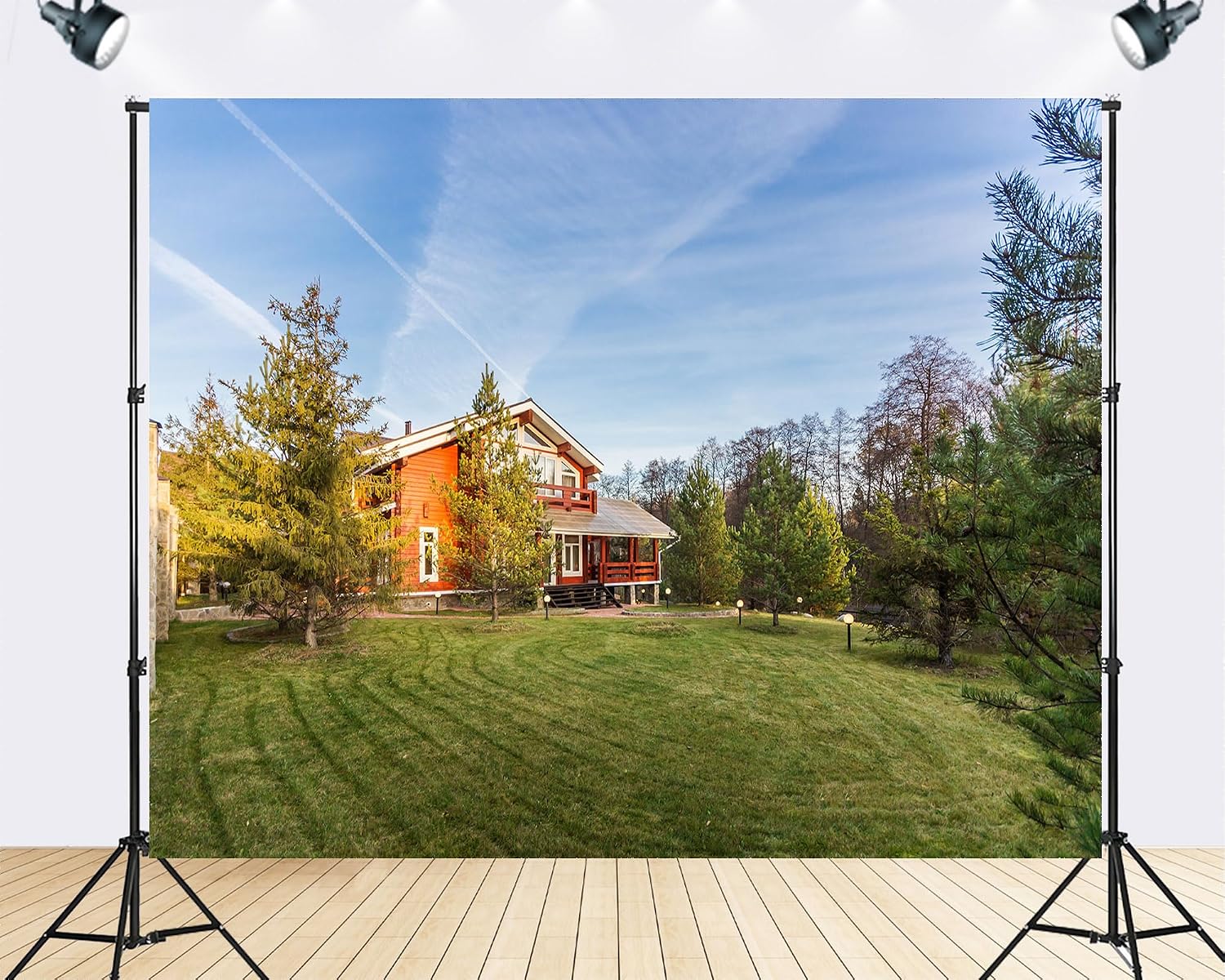 Trykid 20x10ft Red Wooden Cabin Backdrop Lush Lawn Evergreen Trees Clear Blue Sky Photography Background Countryside Wedding Event Party Decoration Photo Booth Prop Fabric