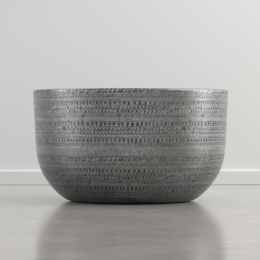 SIMPLIHOME Johnsen Metal Coffee Table - 30 inch Wide Solid Metal Round Drum Accent Table in Distressed Nickel, Boho Coffee Table for Living Room with Decorative Textured Design, Assembled