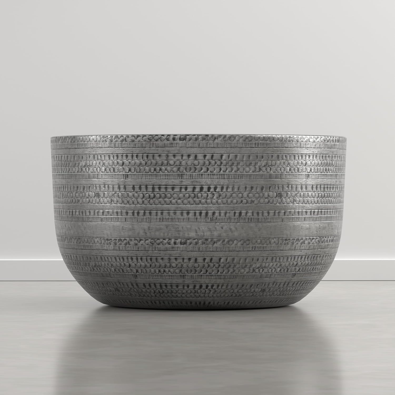 SIMPLIHOME Johnsen Metal Coffee Table - 30 inch Wide Solid Metal Round Drum Accent Table in Distressed Nickel, Boho Coffee Table for Living Room with Decorative Textured Design, Assembled