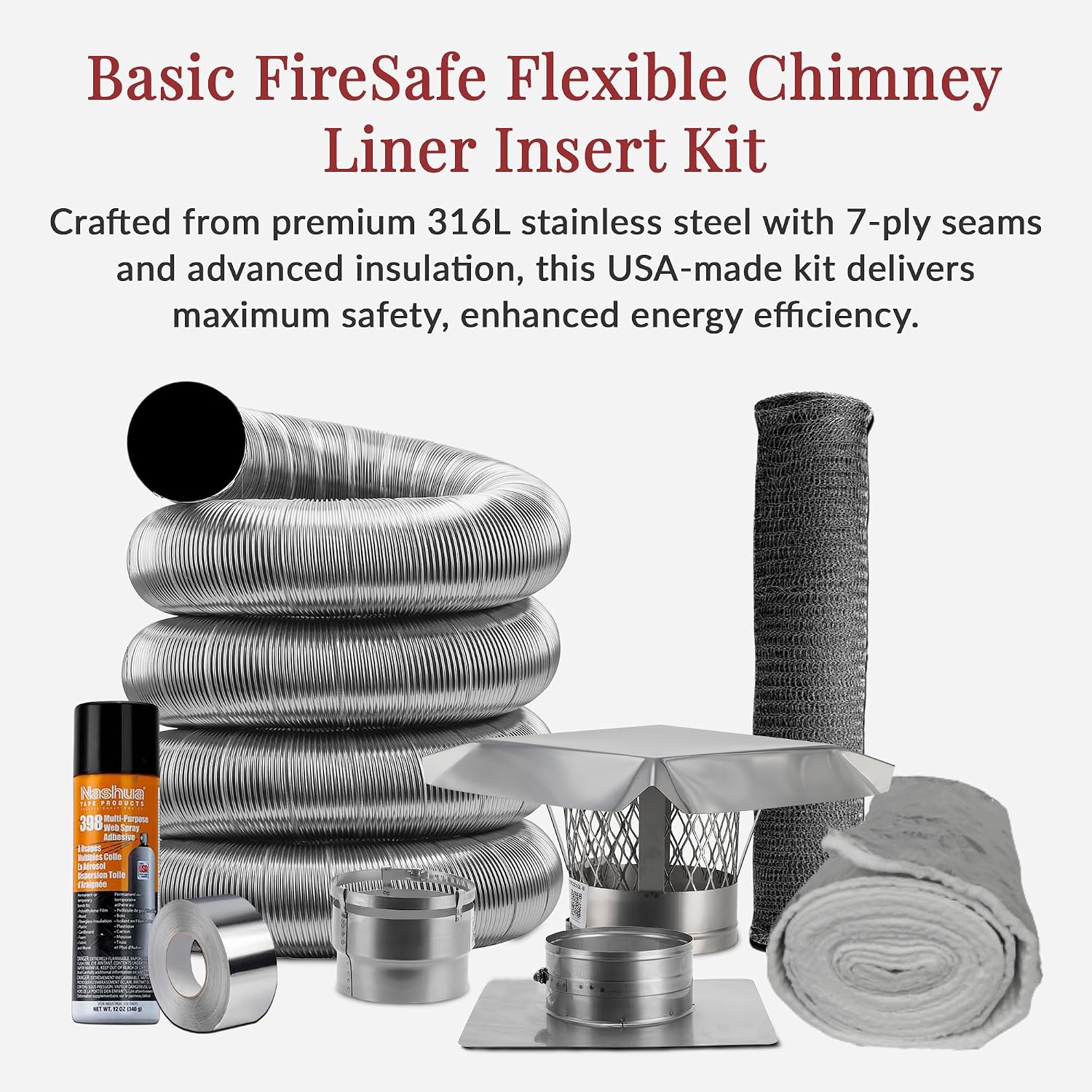 Fireside Chimney Supply Basic FireSafe Chimney Liner Insert Kit with Insulation |Fireplace Insert | Stainless Steel Chimney Liner Kit | Made in The USA | Heavy-Duty 6 Inch x 15 Feet