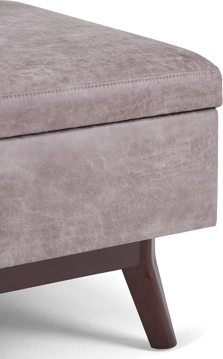 SIMPLIHOME Owen Coffee Table Storage Ottoman - 34' Wide x 19' High Upholstered Vegan Leather Rectangular Lift-Top Ottoman in Distressed Grey Taupe, Mid-Century Modern Bench with Tapered Legs