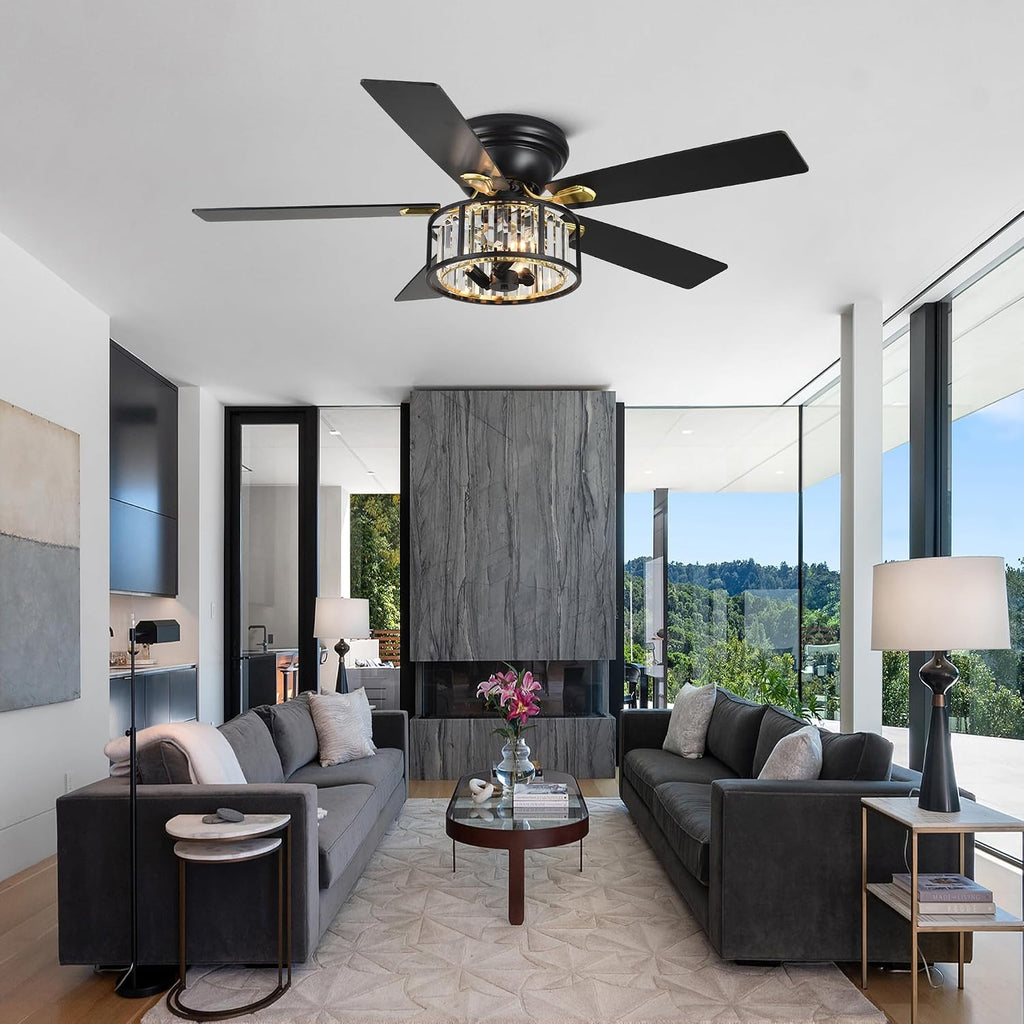 Dawn Whisper 52' Modern Crystal Flush Mount Ceiling Fans with Lights Black | Crystal Chandelier, Low Profile Low Ceilings, Remote Control, Reversible, Noiseless, 6 Speeds, for Living Room Bedroom