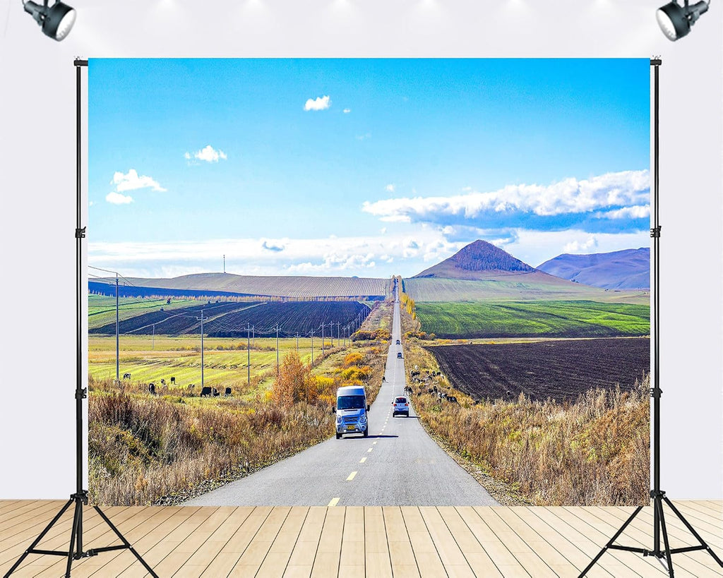 Trykid 20x10ft Rural Plain Highway Backdrop Scenic Farmland Rolling Hills Clear Sky Photography Background Country Themed Party Decoration Photo Booth Prop Fabric