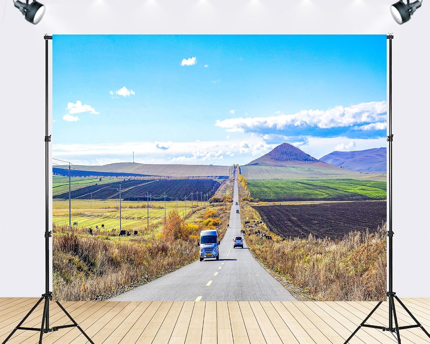 Trykid 20x10ft Rural Plain Highway Backdrop Scenic Farmland Rolling Hills Clear Sky Photography Background Country Themed Party Decoration Photo Booth Prop Fabric