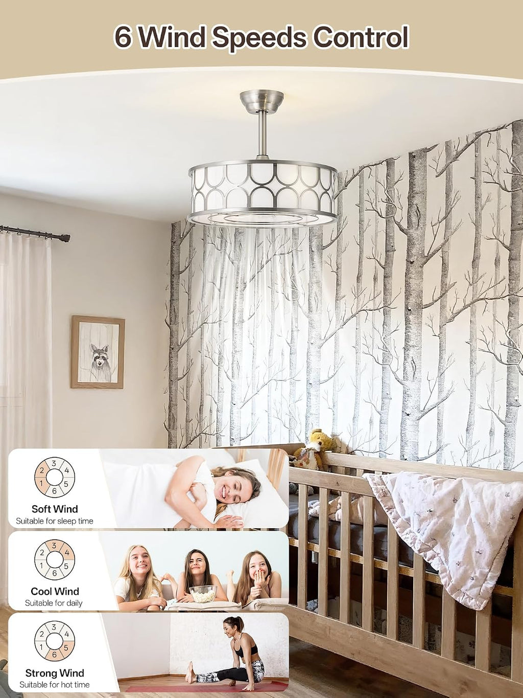 20' Sliver Boho Fandelier Ceiling Fans with Lights, Caged Bladeless Ceiling Fan with Light Remote Control. Chandelier with 6 Speeds for Bedroom, Nursery, Living room.