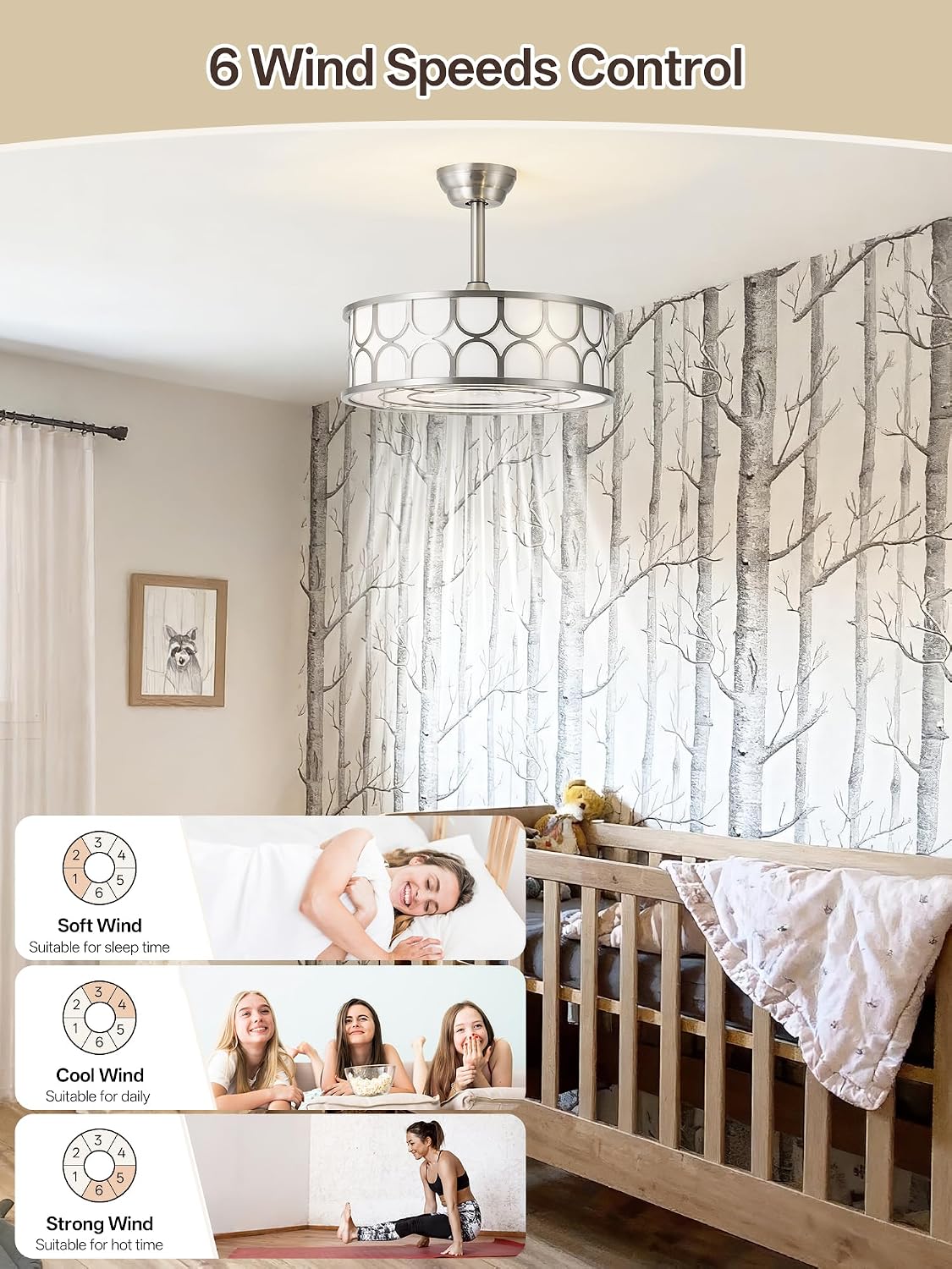 20' Sliver Boho Fandelier Ceiling Fans with Lights, Caged Bladeless Ceiling Fan with Light Remote Control. Chandelier with 6 Speeds for Bedroom, Nursery, Living room.