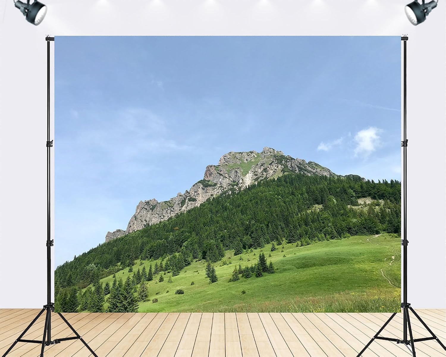 Trykid 20x10ft Rocky Mountain Peak Backdrop Lush Pine Forest Green Alpine Meadow Clear Blue Sky Scene Photography Background Camping Hiking Birthday Party Decoration Photo Booth Prop Fabric