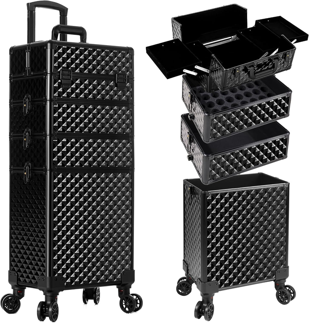 AROUS Rolling Makeup Train Case 4 in 1 Cosmetology Case on Wheels Large Storage Cosmetic Trolley with Key Salon Barber Case Traveling Cart Trunk, Black
