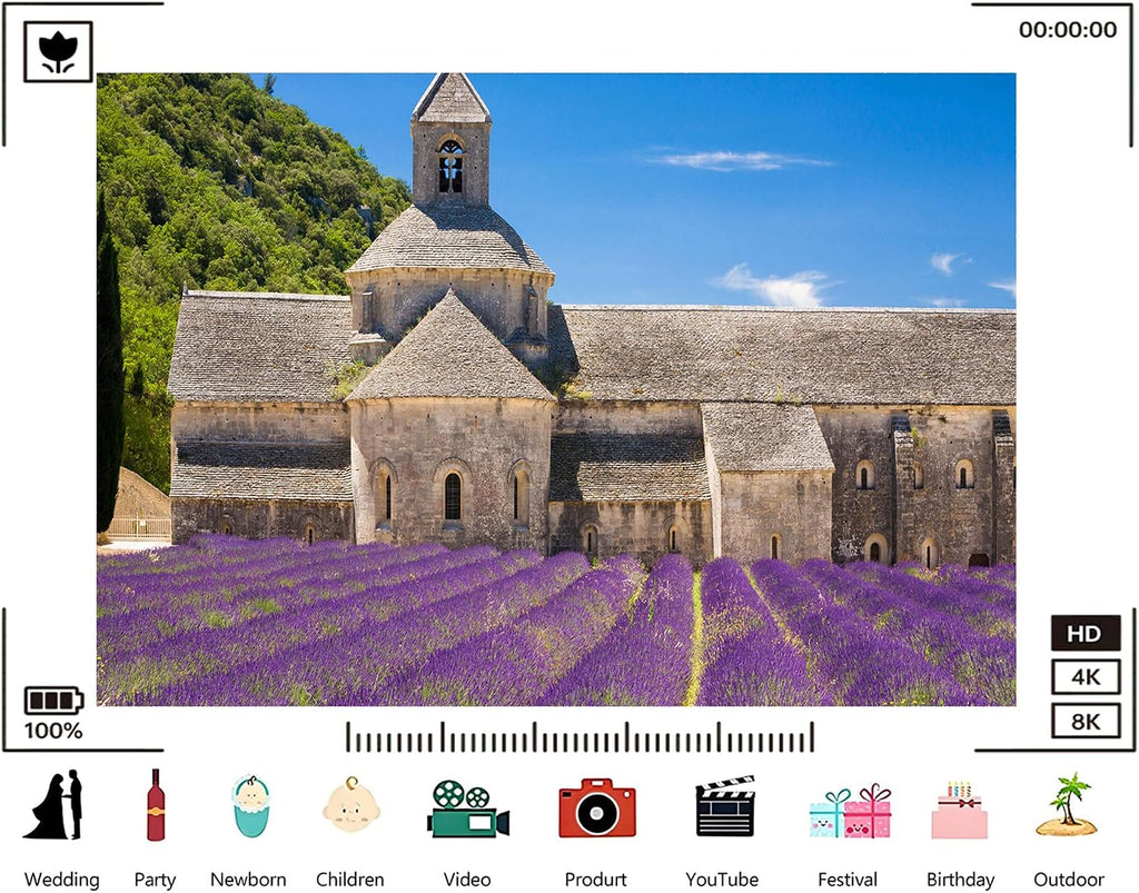 Trykid 20x10ft Lavender Field Backdrop Ancient Stone Church Clear Blue Sky Lush Green Hillside Rural Landscape Photography Background for Wedding Party Event Decoration Photo Booth Prop Fabric
