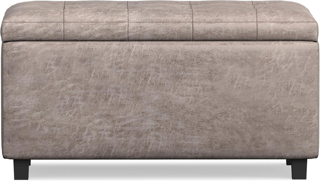 SIMPLIHOME Cosmopolitan Storage Ottoman - 34 inch Wide Upholstered Vegan Leather Rectangle Storage Ottoman Bench in Distressed Grey Taupe, Transitional Tufted Ottoman for Living Room with Lift-Up Lid