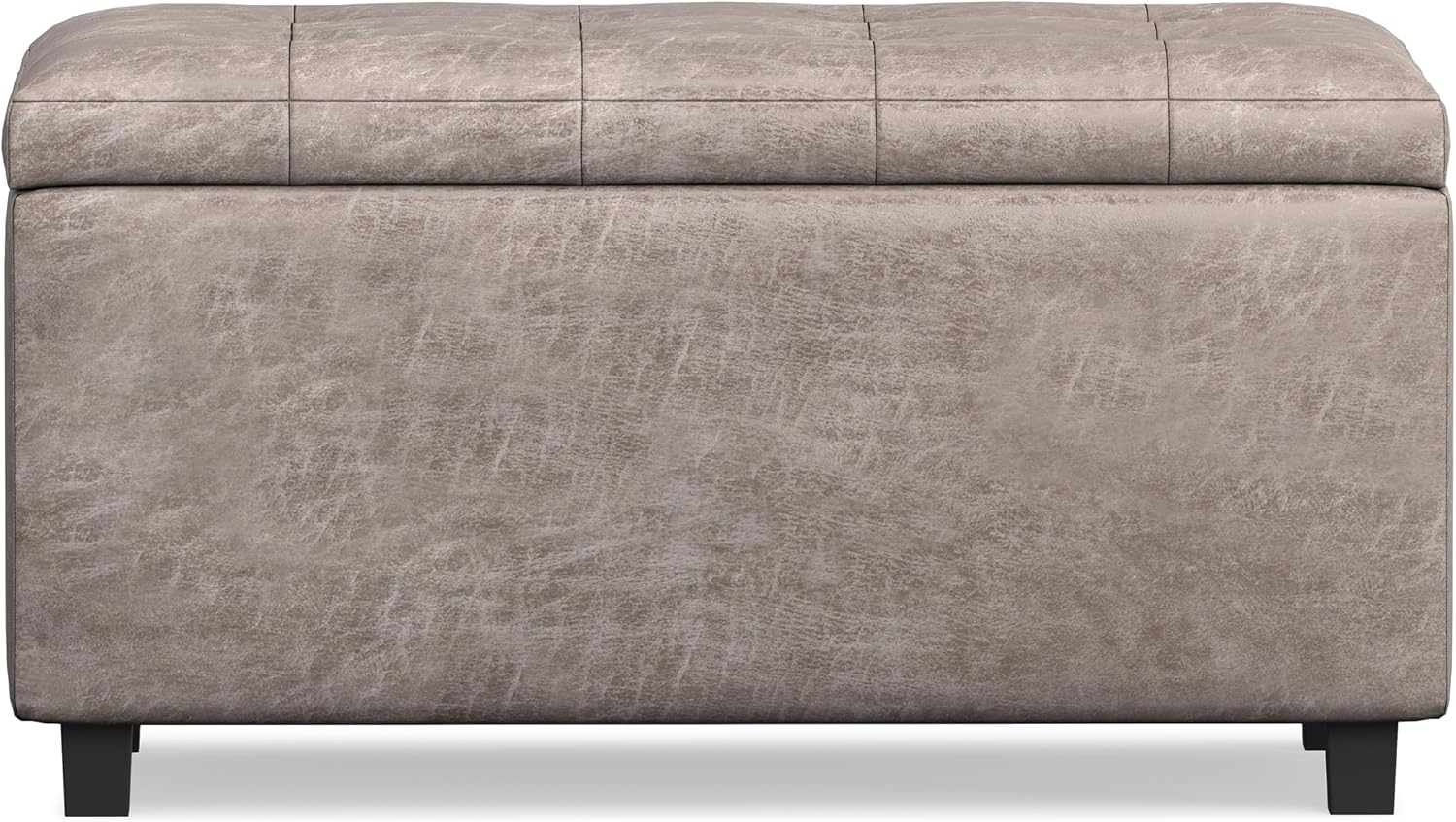 SIMPLIHOME Cosmopolitan Storage Ottoman - 34 inch Wide Upholstered Vegan Leather Rectangle Storage Ottoman Bench in Distressed Grey Taupe, Transitional Tufted Ottoman for Living Room with Lift-Up Lid
