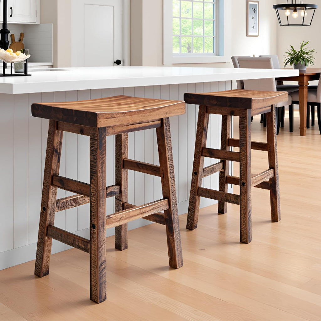 Alaterre Furniture Durango 26-Inch Industrial Wood Counter-Height Stools – Set of 2 Rustic Saddle Seat Bar Stools - Vintage Style with Light or Dark Lacquer Finish for Kitchen Island or Home Bar