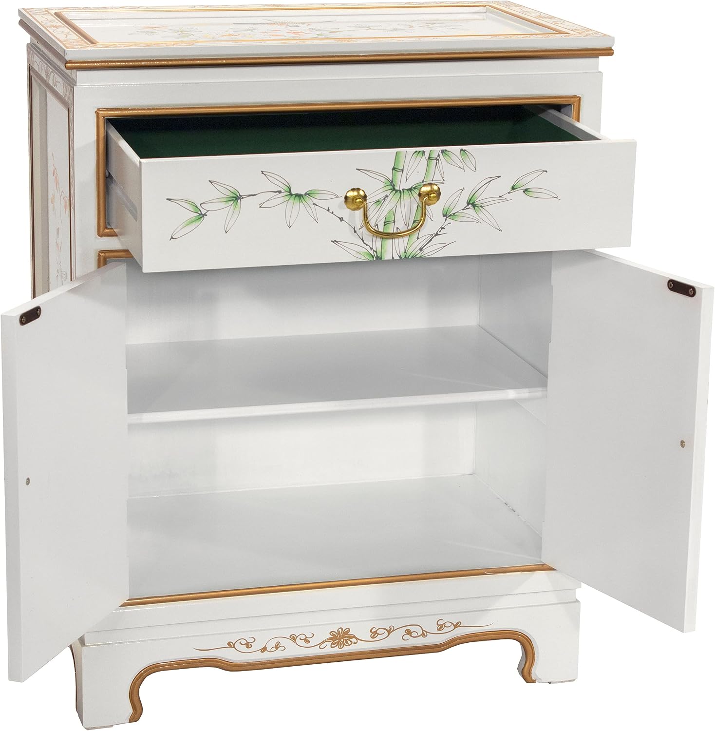 Red Lantern Artisan Crafted Lacquer Storage Cabinet - White with Hand-Painted Birds and Flowers