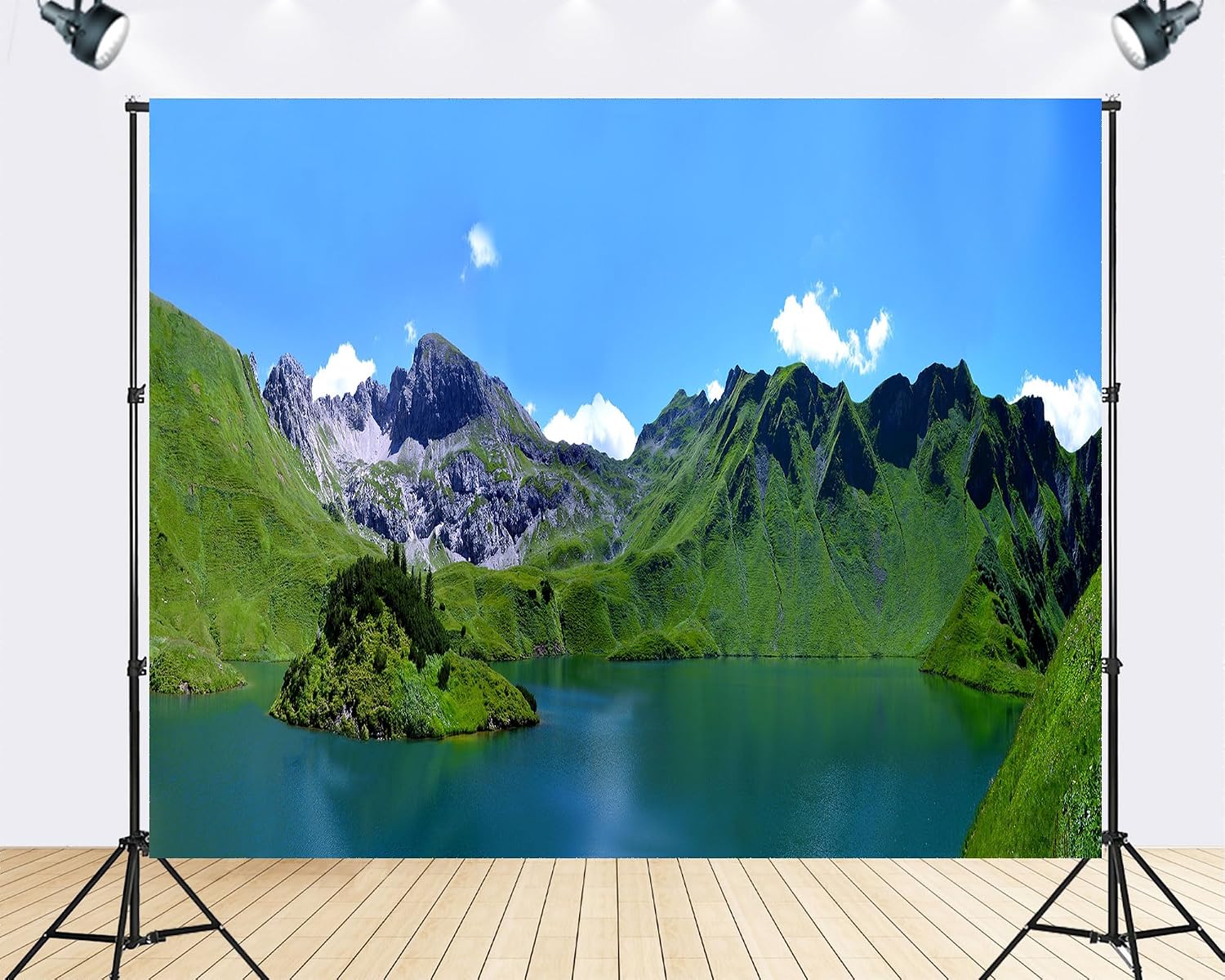 Trykid 20x10ft Alpine Lake Vista Backdrop Lush Green Mountain Slopes Turquoise Water Clear Blue Sky Wispy Clouds Photography Background Nature Party Decoration Photo Booth Prop Fabric