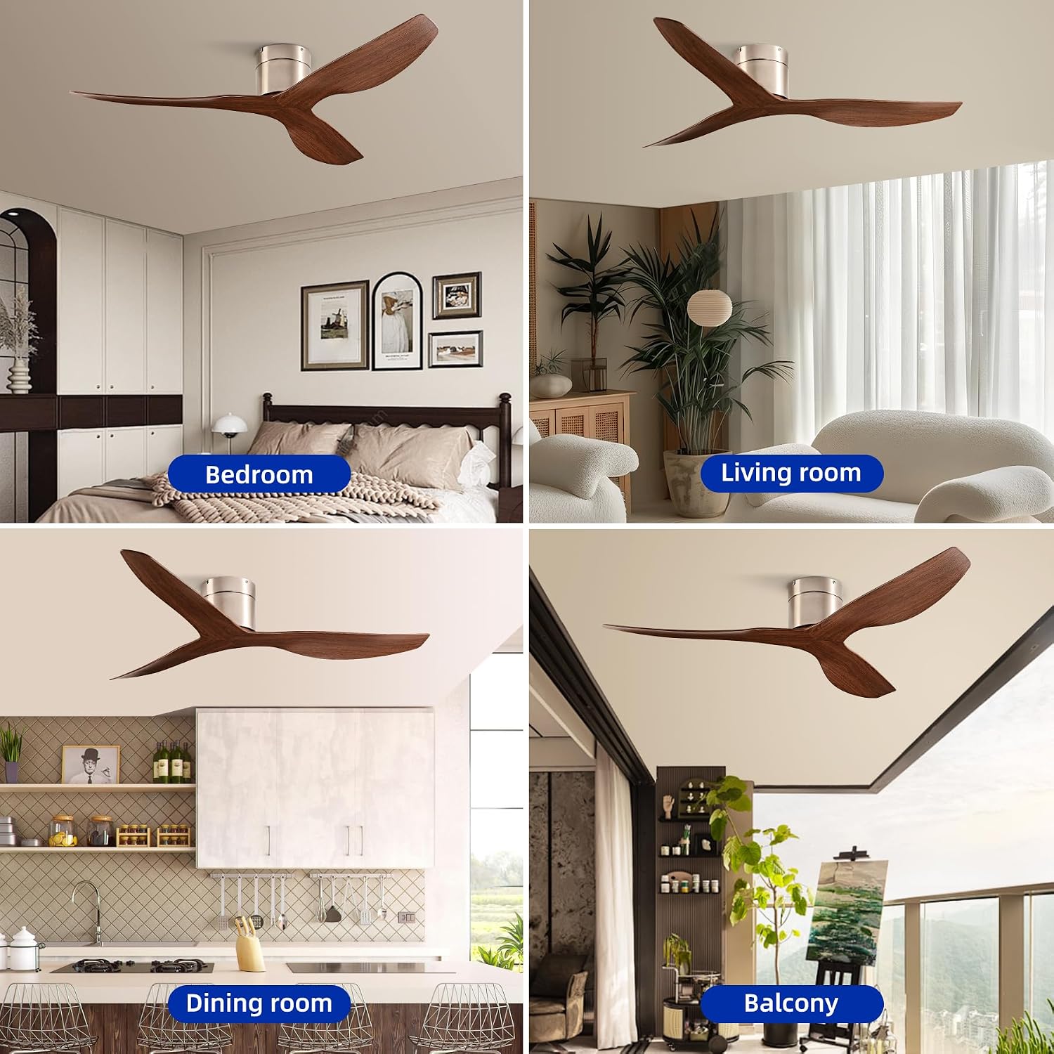 52-Inch Ceiling Fan Without Light, Modern Low-Profile Flush Mount Fan with Remote, 6-Speed Reversible Quiet DC Motor,for Balcony, Living Room, Bedroom (No Light)