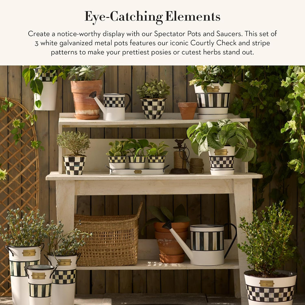 MACKENZIE-CHILDS Galvanized Flowerpots and Saucers, Set of 3, Black-and-White Spectator