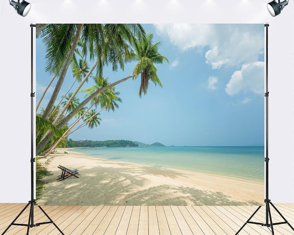 Trykid 20x10ft Tropical Palm Beach Backdrop White Sand Calm Ocean Clear Sky Photography Background Summer Vacation Paradise Tapestry Party Decoration Photo Booth Studio Prop Fabric