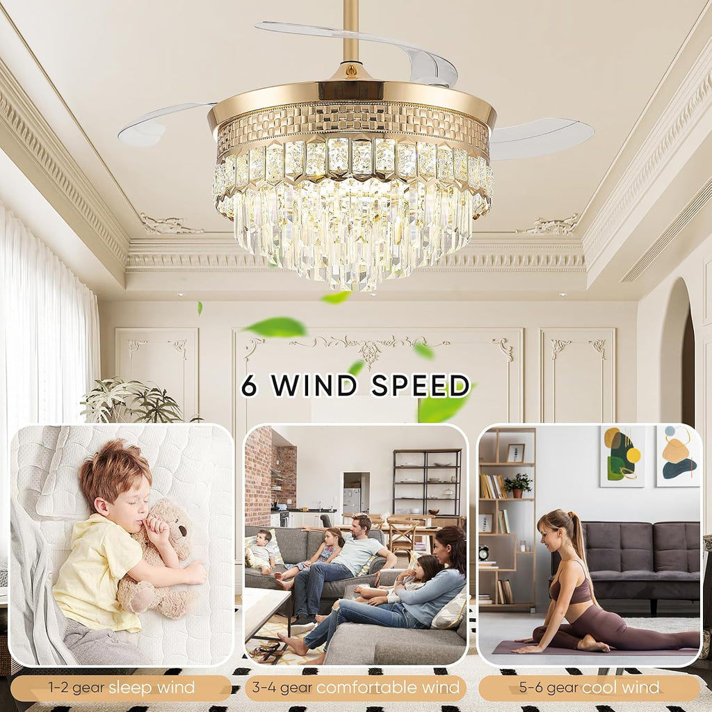 42' Fandelier Ceiling Fan with Light, Chandelier Ceiling Fans with Lights,Retractable Crystal Ceiling Fan for Bedroom Living Room,6 Wind Speed,3 Color Tempeature-Gold