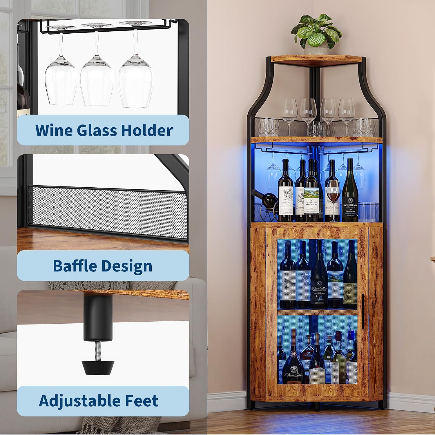 GarveeHome Corner Bar Wine Cabinet with LED Lights, 5-Tier Industrial Wine Cabinet with Glass Holder, Modern Liquor Cabinet with Adjustable Shelf, Home Bar Cabinet with Mesh Door, Rustic Brown