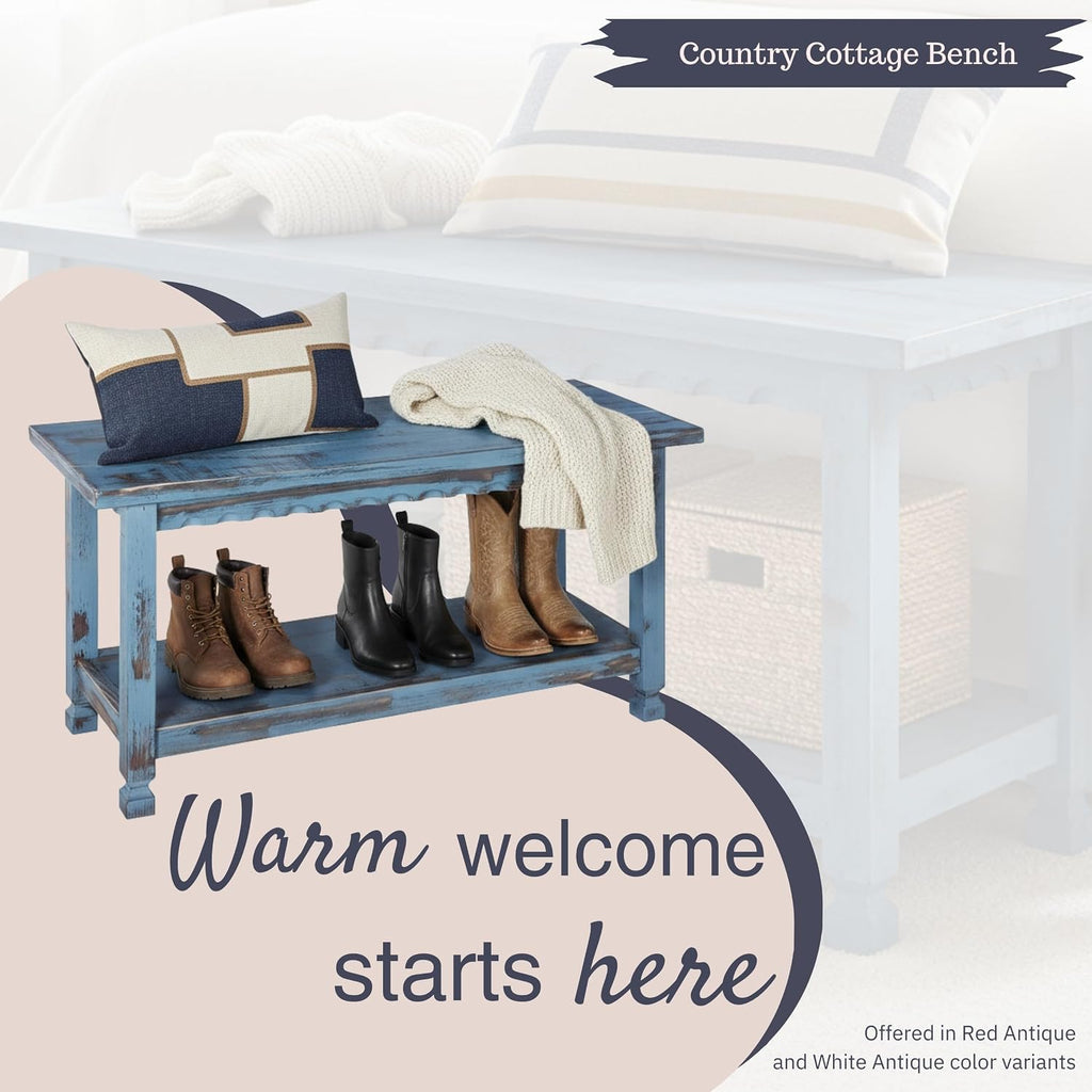 Country Cottage Entryway Bench with Storage Shelf – 36 Inch Solid Wood Farmhouse Bench in Antique Blue Distressed Finish for Rustic Hallway or Living Room Accent by Alaterre Furniture