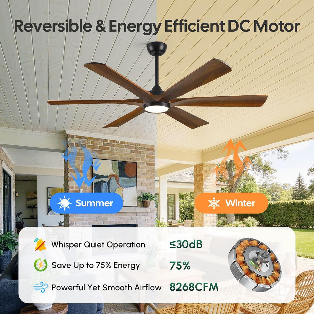 60 Inch Outdoor Ceiling Fan with Light, Damp Rated for Patio, Smart Alexa/App/Remote Control, 6 Walnut Solid Wood Blades, High 8268 CFM Quiet DC Motor, Modern Farmhouse Style for Indoor Exterior Porch