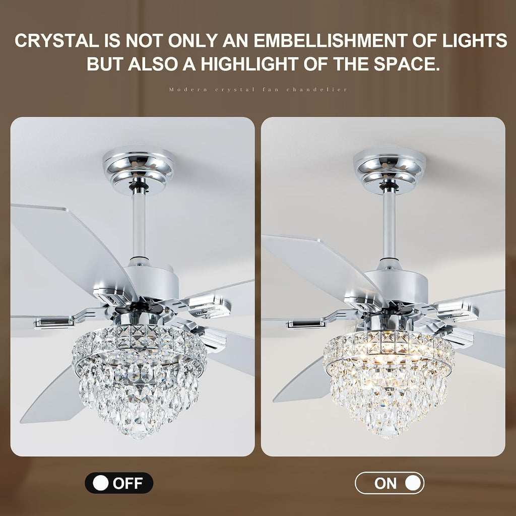 Chandelier Ceiling Fans with Lights and Remote,Chandelier Fan Ceiling,Crystal Ceiling Fan Fandelier with Lights,6 Speed 3 Timer Quiet Ceiling Fan for Bedroom (Chrome, 52 Inch)