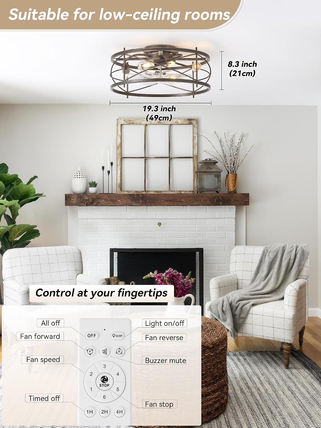 20' Rustic Ceiling Fan with Light Flush Mount, Farmhouse Caged Ceiling Fans with Lights and Remote, Bladeless Low Profile Ceiling Fan with 6 Speeds for Bedroom, Living Room, Nursery