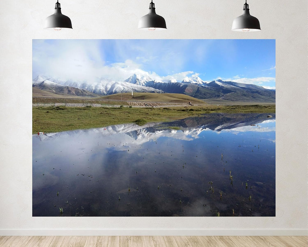 Trykid 20x10ft Snow Mountain Lake Reflection Backdrop Majestic Clear Waters Peaceful High Altitude Scenery Photography Background Outdoor Adventure Party Decoration Photo Booth Prop Fabric
