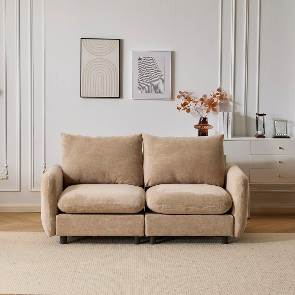 Christopher Knight Home Bricez Modern Fabric Upholstered Loveseat Sofa, Wooden Modular Sectional Sofa Couch, 2 Seater Comfy Cloud Couch with Pillow for Living Room, Home Office, Apartment, Camel