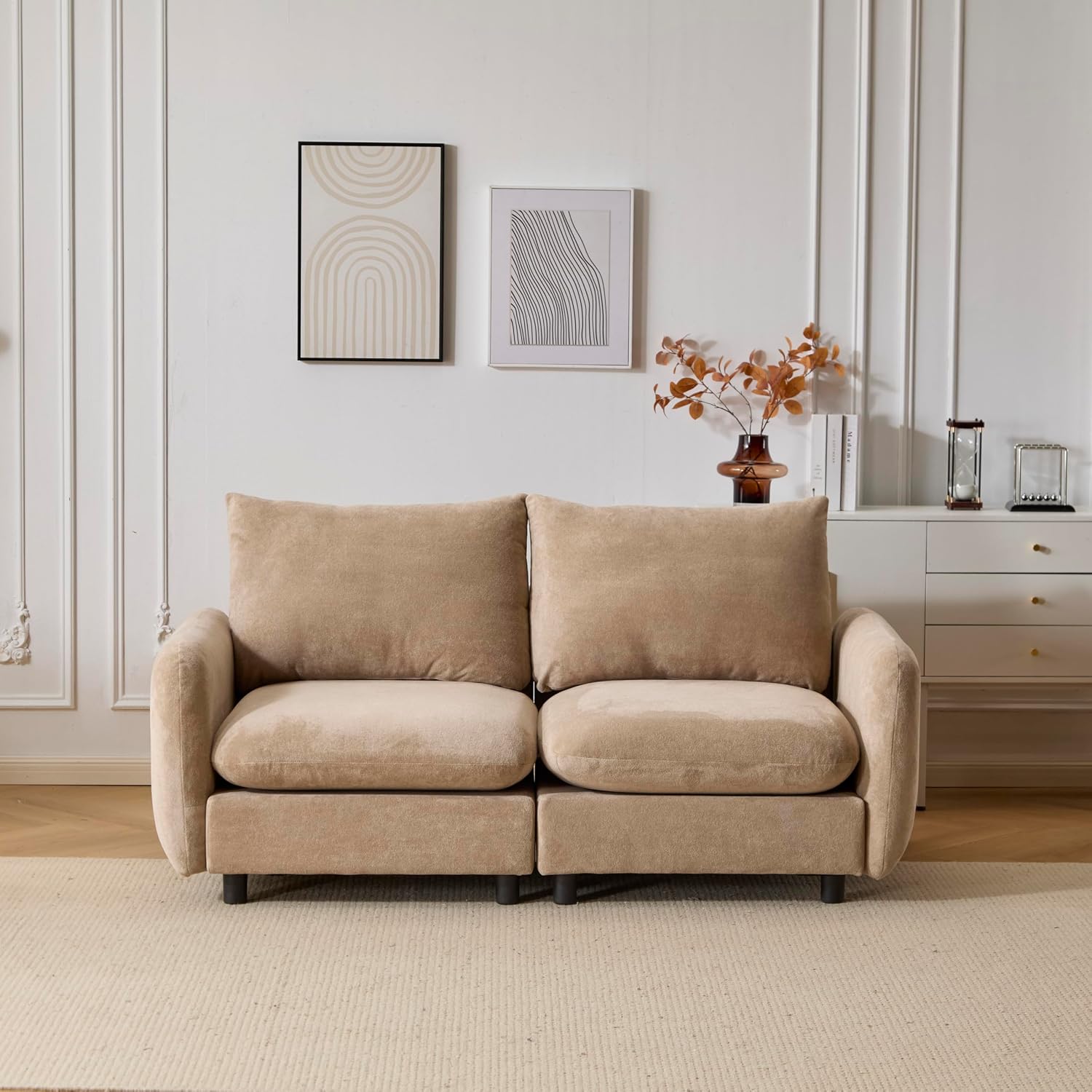 Christopher Knight Home Bricez Modern Fabric Upholstered Loveseat Sofa, Wooden Modular Sectional Sofa Couch, 2 Seater Comfy Cloud Couch with Pillow for Living Room, Home Office, Apartment, Camel