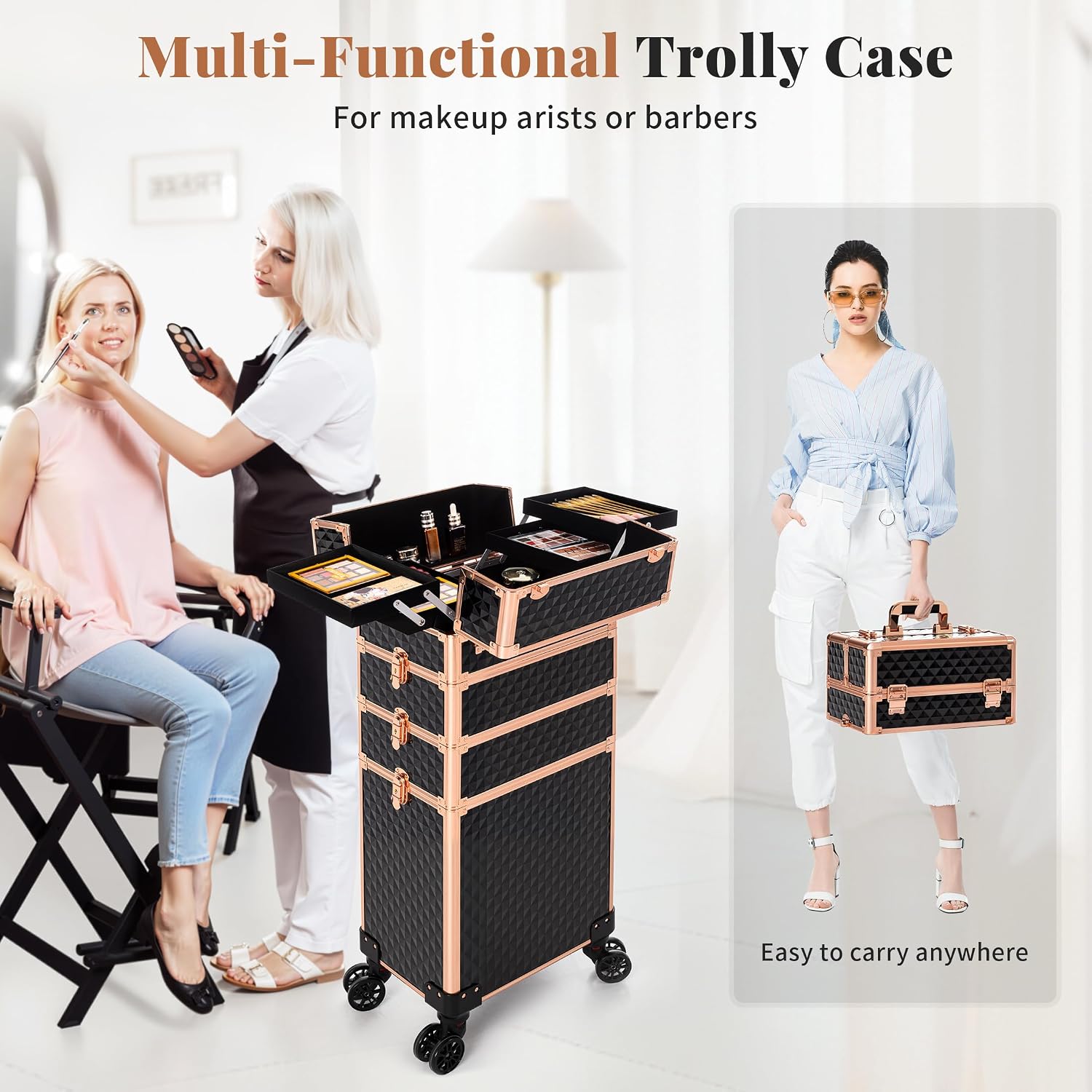 AROUS Rolling Makeup Train Case 4 in 1 Cosmetology Case on Wheels Large Storage Cosmetic Trolley with Key Salon Barber Case Traveling Cart Trunk,Gold&Black