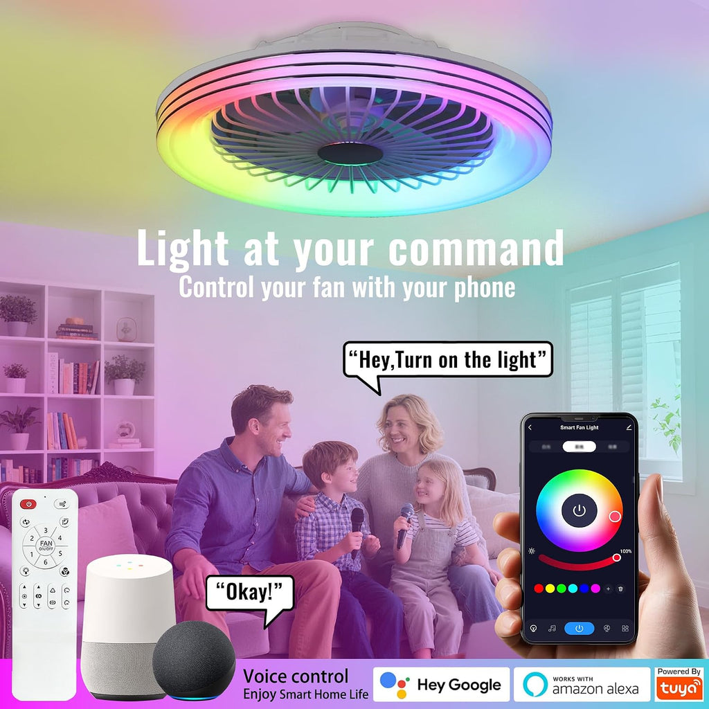 24' Low Profile Bladeless Ceiling Fans with Light, Enclosed Flush Mount Ceiling Fan with RGB Lights, Dimmable Color Changing LED Ambient Light, Smart Remote/APP/Voice Control