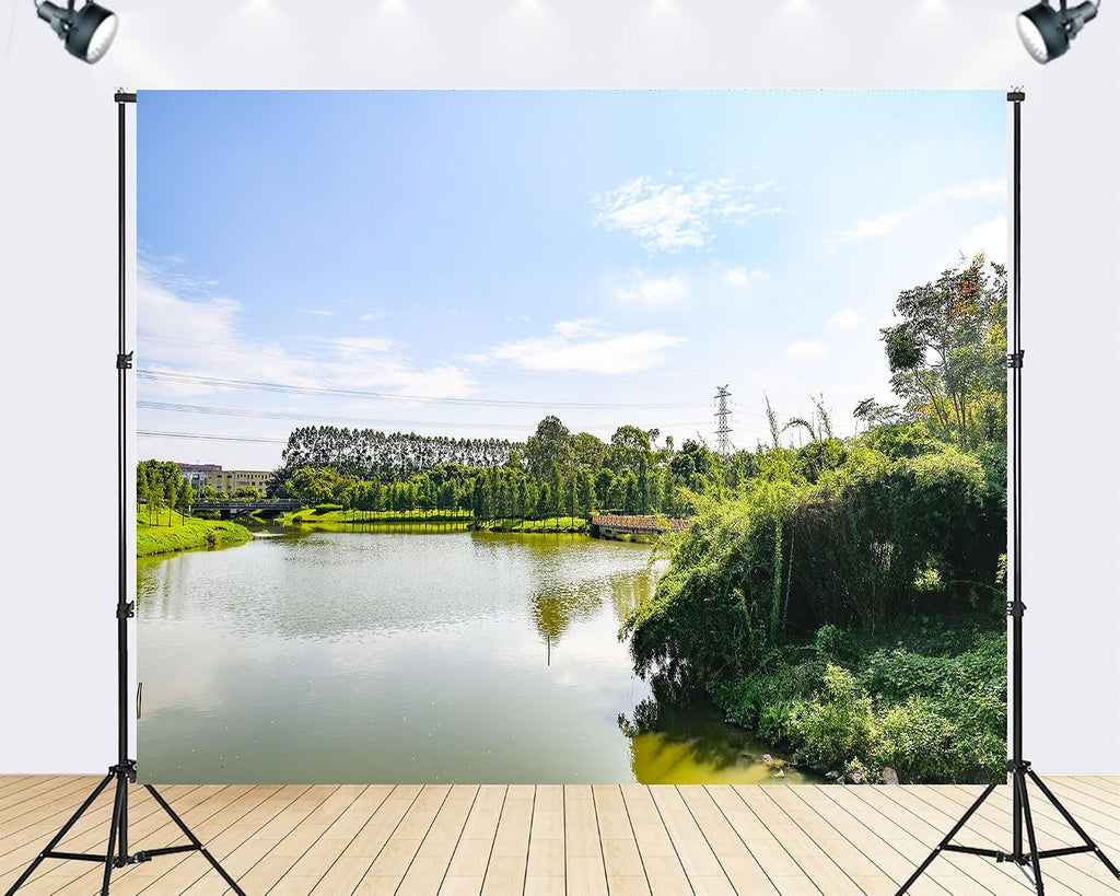 Trykid 20x10ft Calm Lake Wooden Bridge Backdrop Lush Greenery Clear Blue Sky Reflections Photography Background Serene Escape Urban Park Party Decoration Photo Booth Prop Fabric