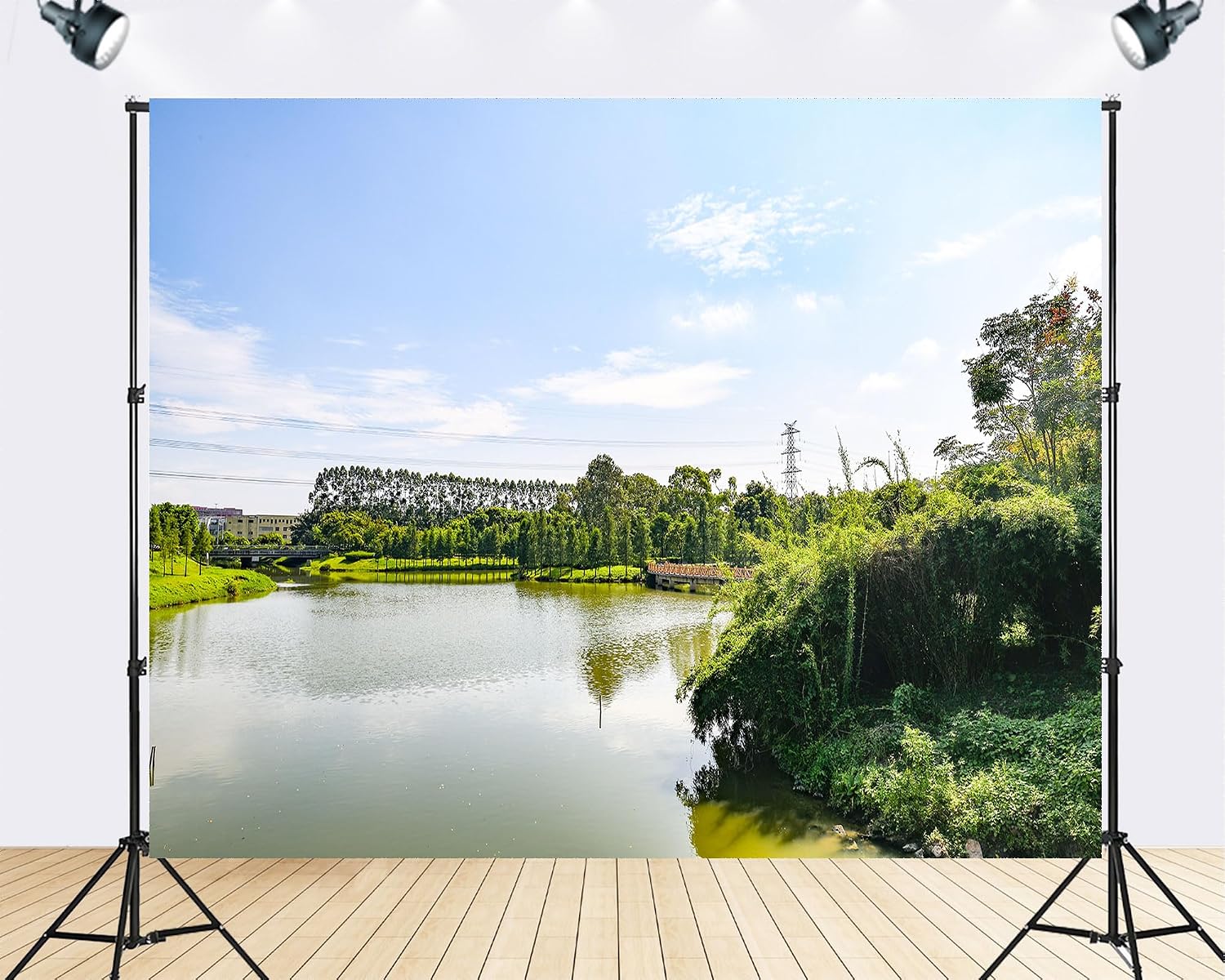 Trykid 20x10ft Calm Lake Wooden Bridge Backdrop Lush Greenery Clear Blue Sky Reflections Photography Background Serene Escape Urban Park Party Decoration Photo Booth Prop Fabric