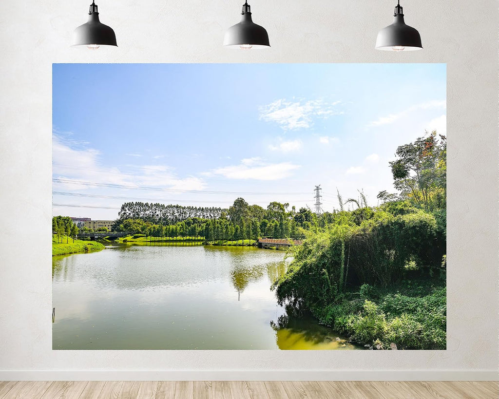Trykid 20x10ft Calm Lake Wooden Bridge Backdrop Lush Greenery Clear Blue Sky Reflections Photography Background Serene Escape Urban Park Party Decoration Photo Booth Prop Fabric