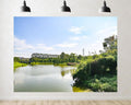 Trykid 20x10ft Calm Lake Wooden Bridge Backdrop Lush Greenery Clear Blue Sky Reflections Photography Background Serene Escape Urban Park Party Decoration Photo Booth Prop Fabric