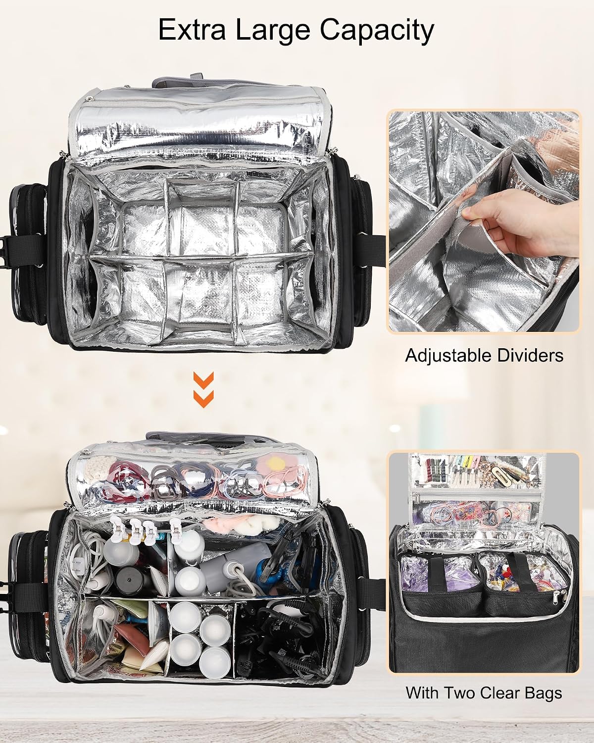 Relavel Rolling Makeup Train Case, Hairstylist Traveling Bag with 4 Wheels, Heat Insulation Full Layer, Adjustable Dividers, Hair Tools and Cosmetics Storage Organizer Trolley Suitcase Makeup Cart