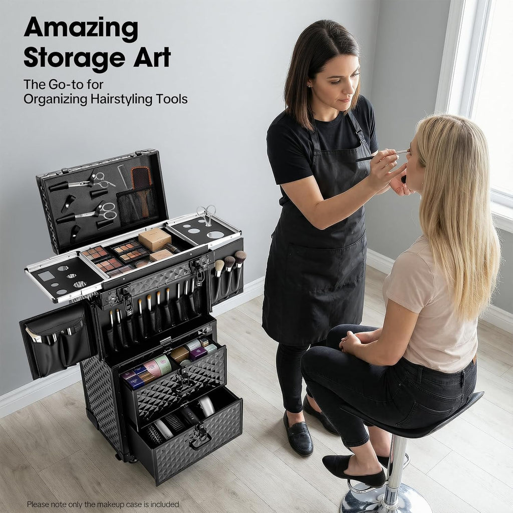 Rolling Makeup Cosmetology Train Case with Key Swivel Wheels Large Cosmetic Organizer Train Case Makeup Travel Case with Password Locks Traveling Cart Trunk Black Traveling Cart Trunk Black