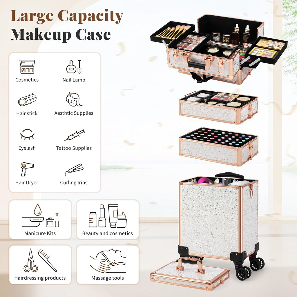 AROUS Rolling Makeup Train Case 5 in 1 Cosmetology Case on Wheels Large Cosmetic Organizer Travel Cart for Hairstylist Artist Nail Beauty Salon Barber,White