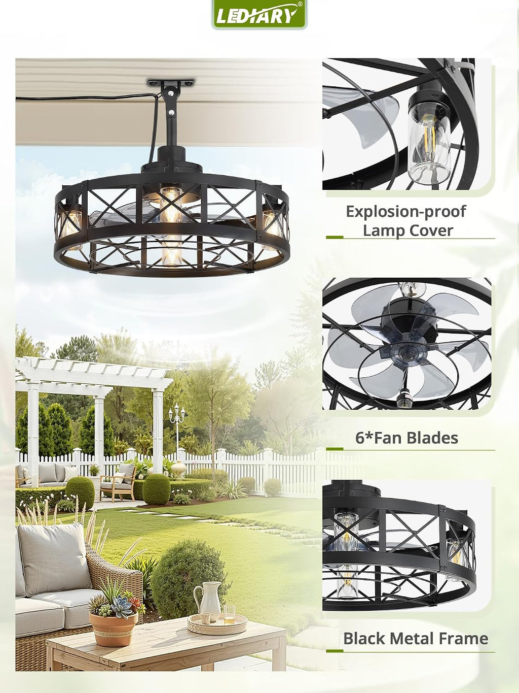LEDIARY Outdoor Ceiling Fan with Lights for Patios- 22' Waterproof Plug in Gazebo Fan with Remote Control&Timer, 6-Speed Reversible Motor, Hanging Caged Ceiling Fan for Porch, Pergola