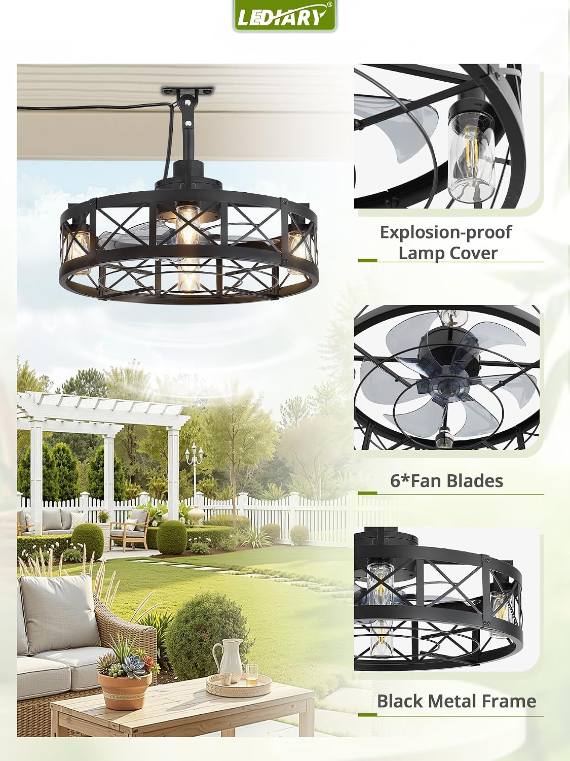 LEDIARY Outdoor Ceiling Fan with Lights for Patios- 22' Waterproof Plug in Gazebo Fan with Remote Control&Timer, 6-Speed Reversible Motor, Hanging Caged Ceiling Fan for Porch, Pergola