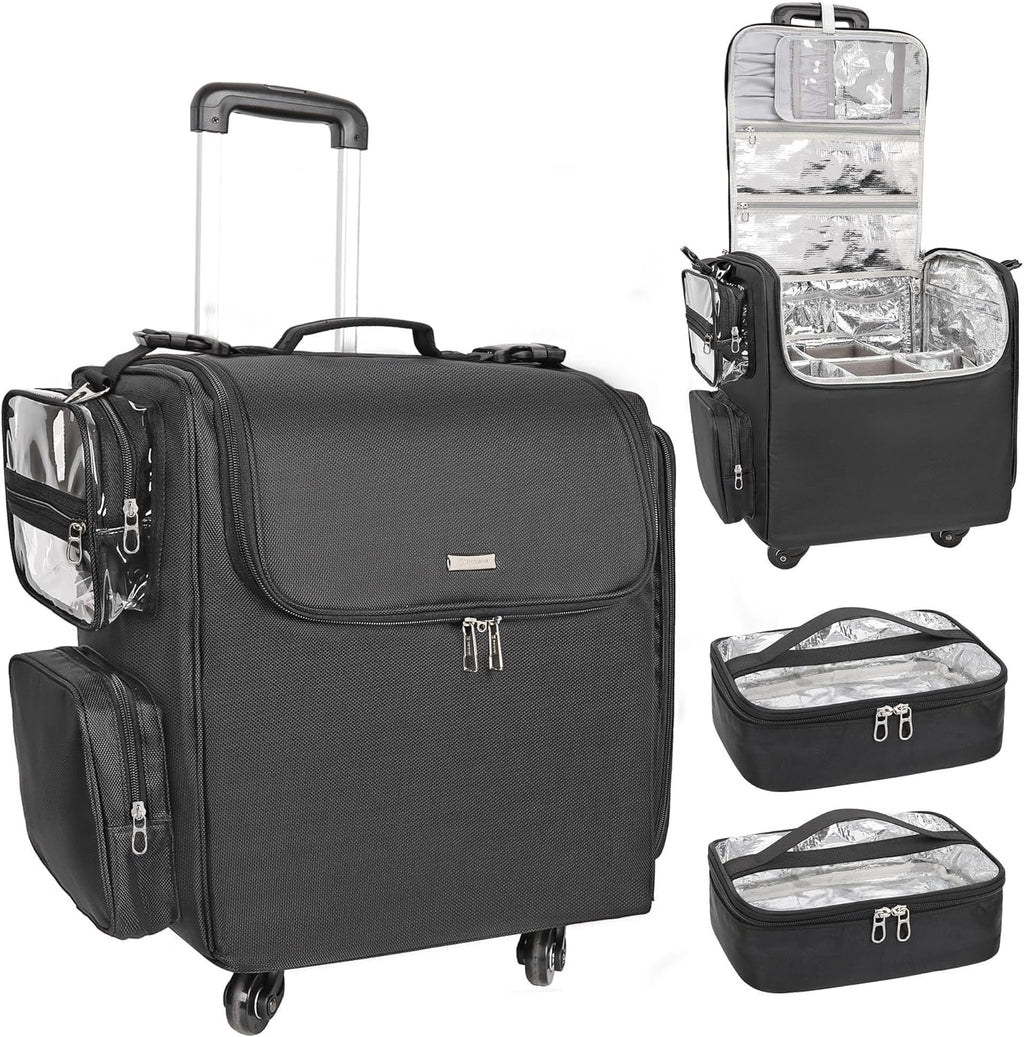 Relavel Rolling Makeup Train Case, Hairstylist Traveling Bag with 4 Wheels, Heat Insulation Full Layer, Adjustable Dividers, Hair Tools and Cosmetics Storage Organizer Trolley Suitcase Makeup Cart